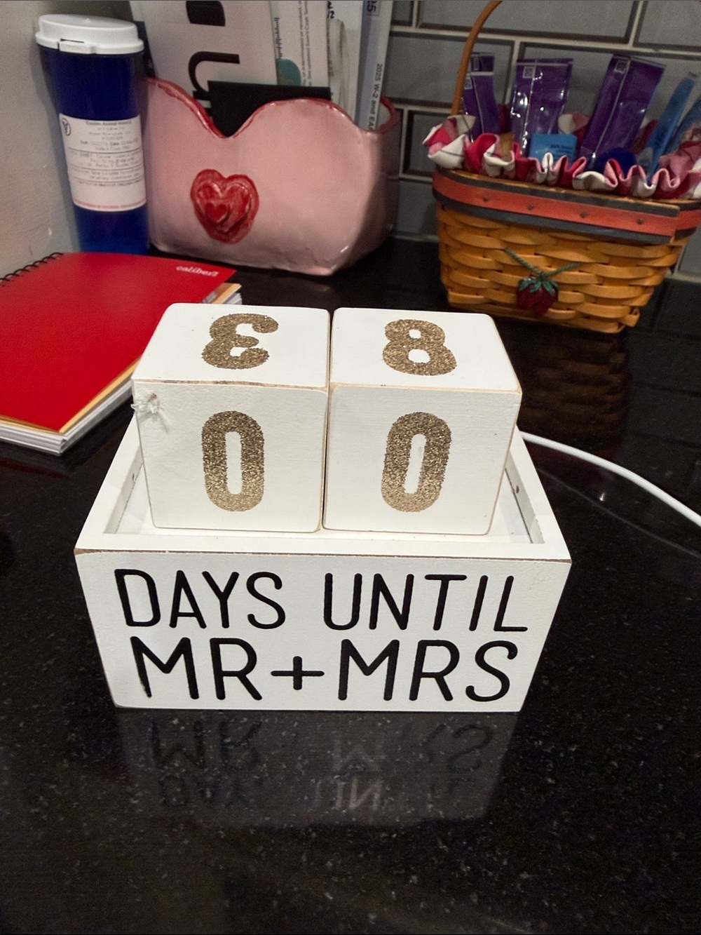 White Wedding Countdown Blocks with Gold Glitter Numbers